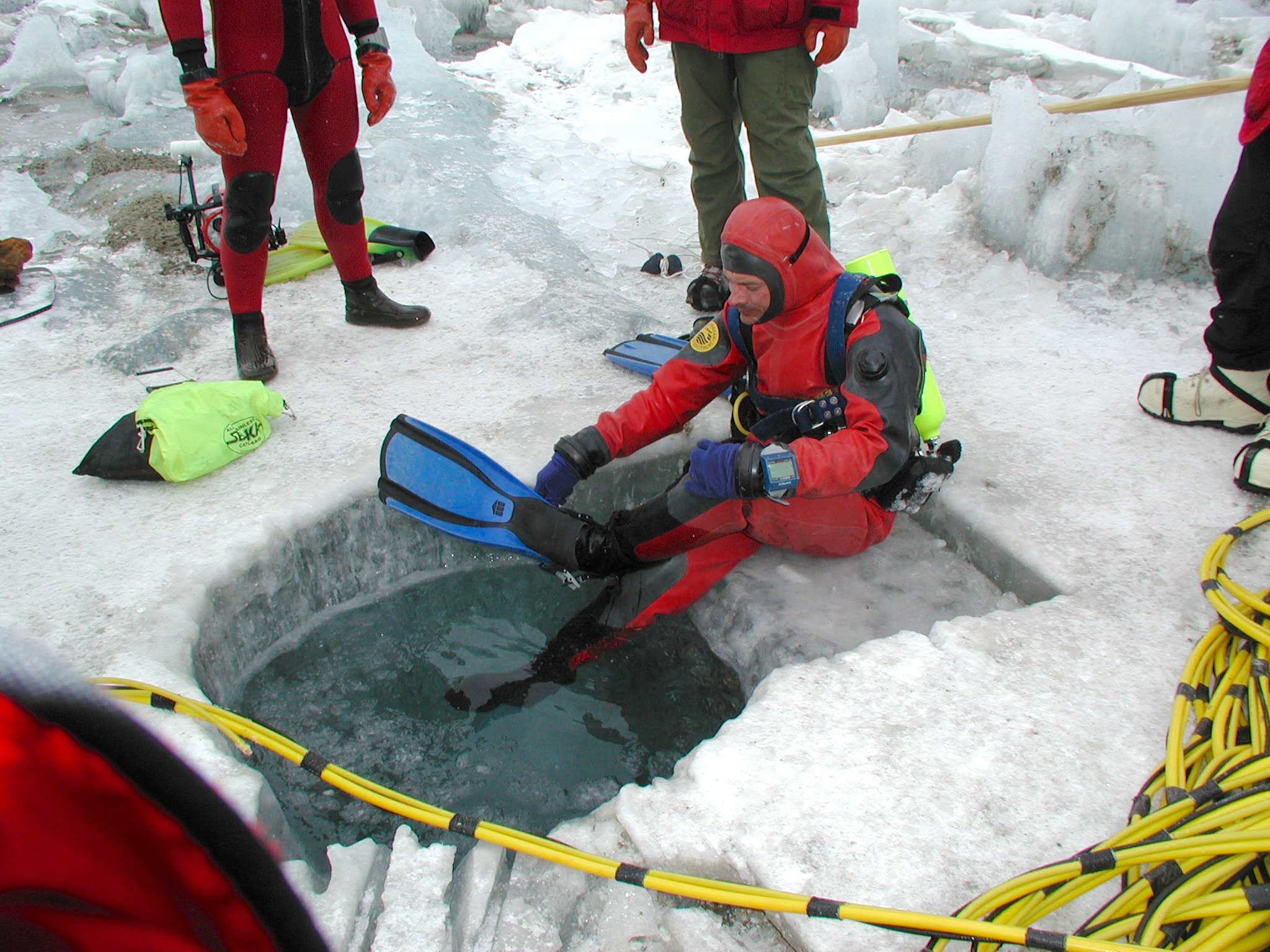 Diver collecting lake algae